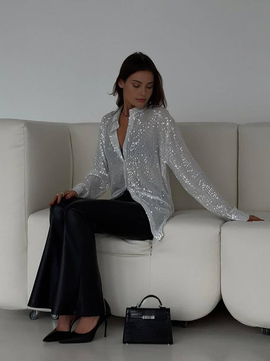 R&B | Bluse Brillante Pailletten Hemd Kragen Hemd Lange Ärmel Damen Elegant Lässig Oversized