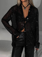 R&B | Bluse Brillante Pailletten Hemd Kragen Hemd Lange Ärmel Damen Elegant Lässig Oversized