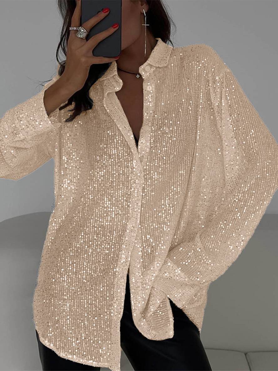 R&B | Bluse Brillante Pailletten Hemd Kragen Hemd Lange Ärmel Damen Elegant Lässig Oversized