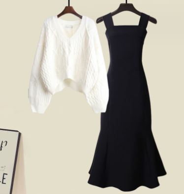 R&B | Zweiteiliges Satz Aus Hochwertigem Kreuzstrickpullover und Fishtail Kleid