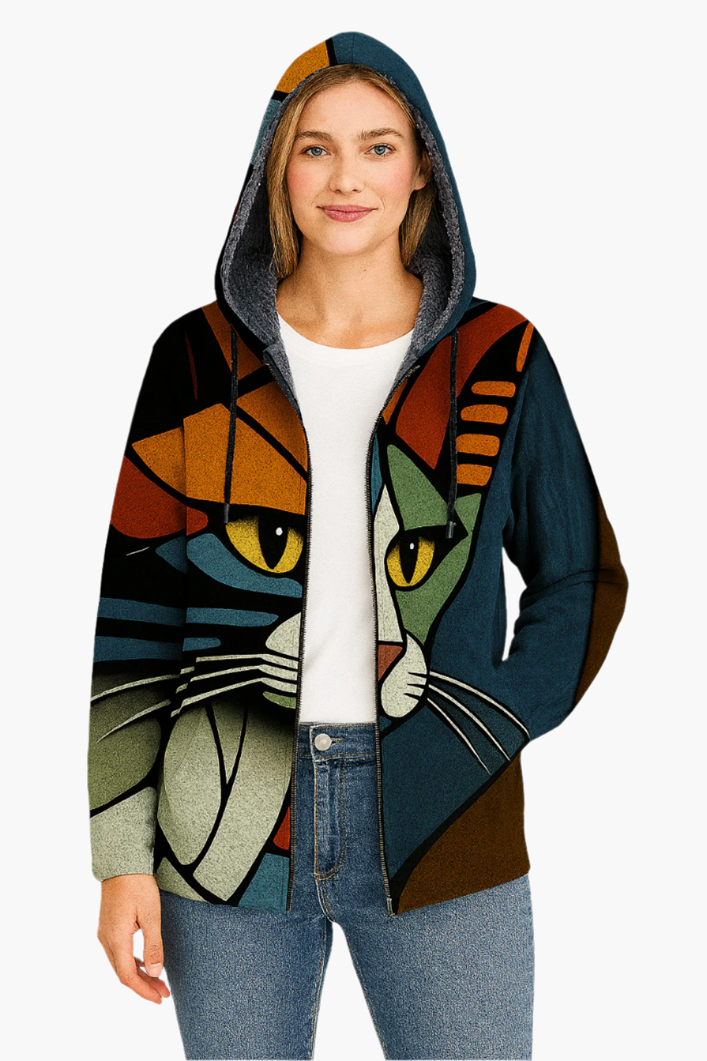 R&B | Kapuzenjacke mit Künstlerischem Katzenmotiv - Moderne Freizeitjacke für Einen Einzigartigen Look