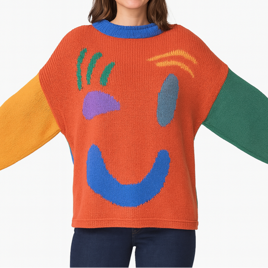 R&B | Strickpullover Im Künstlerstil - Gemütlicher Freizeit-Jumper mit Abstraktem Gesichtsmuster