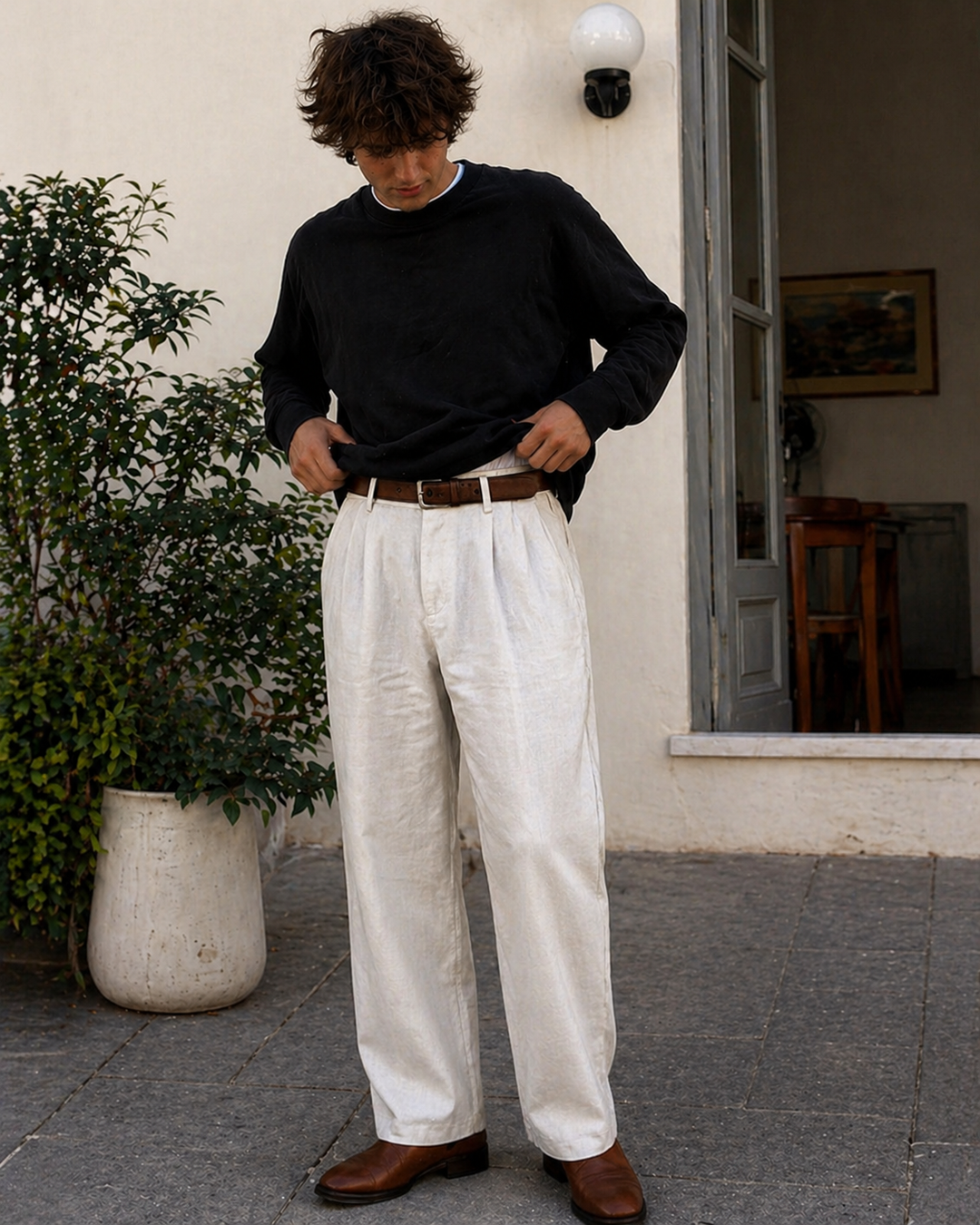 R&B Herren Hose Leinenoptik Gerade Passform Sommer