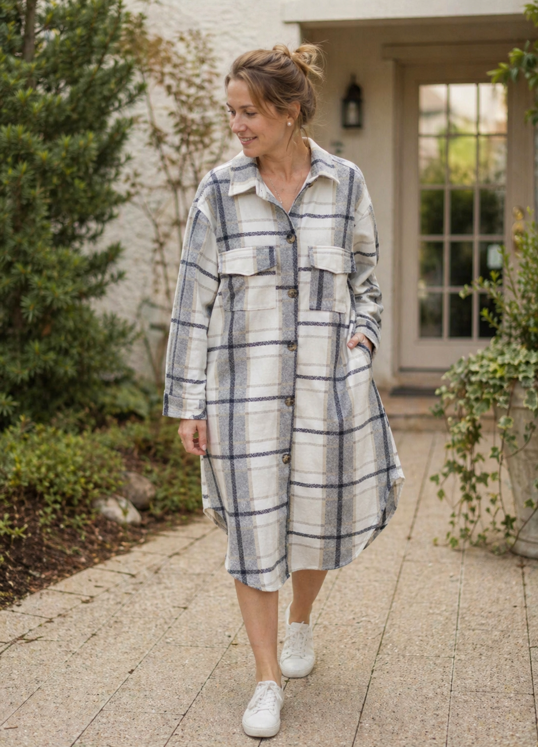 R&B Damen Hemdjacke Kariert Oversize Lang Knopfleiste