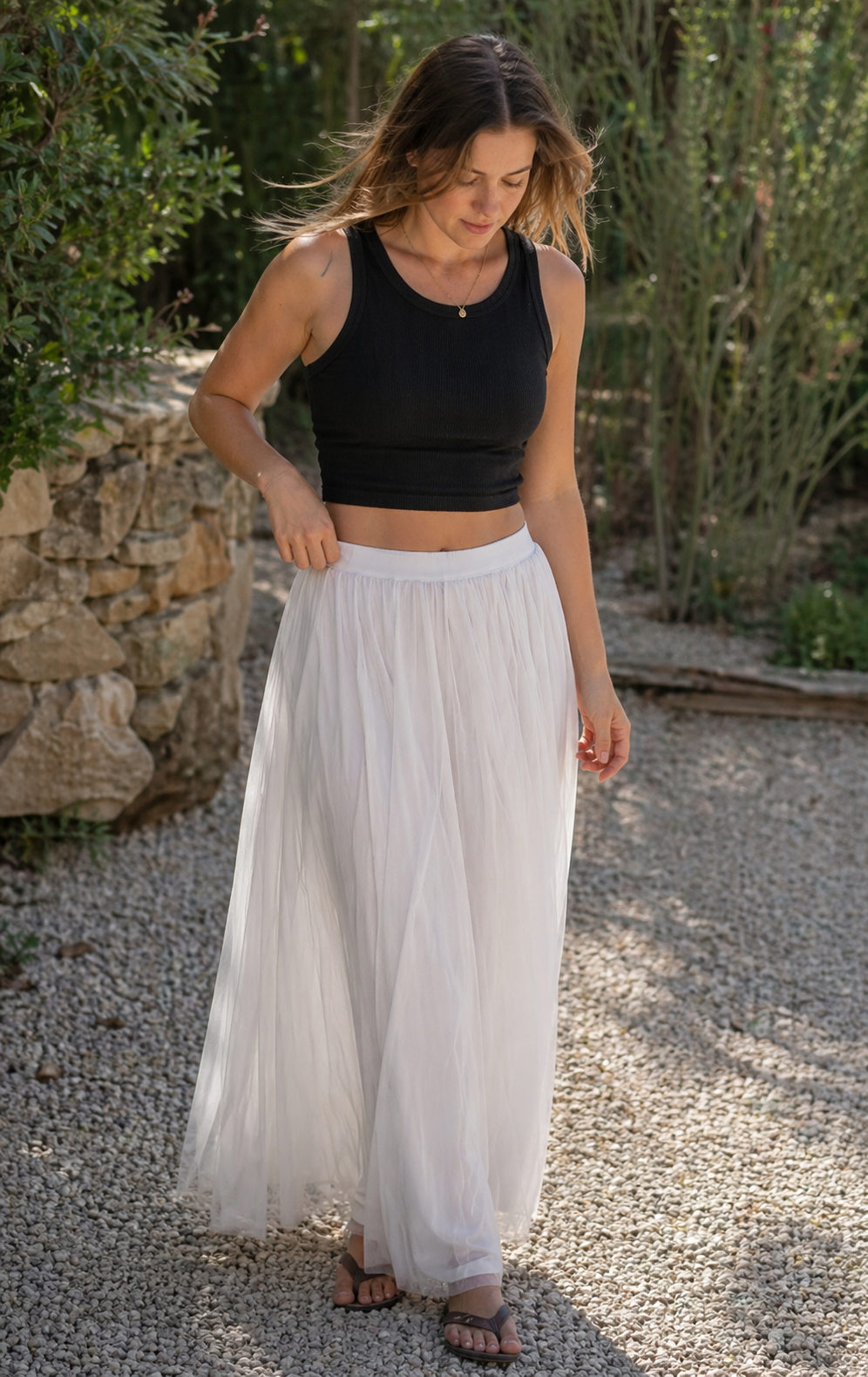 R&B Damen Tüll Maxirock Plissee Elastischer Bund Lang
