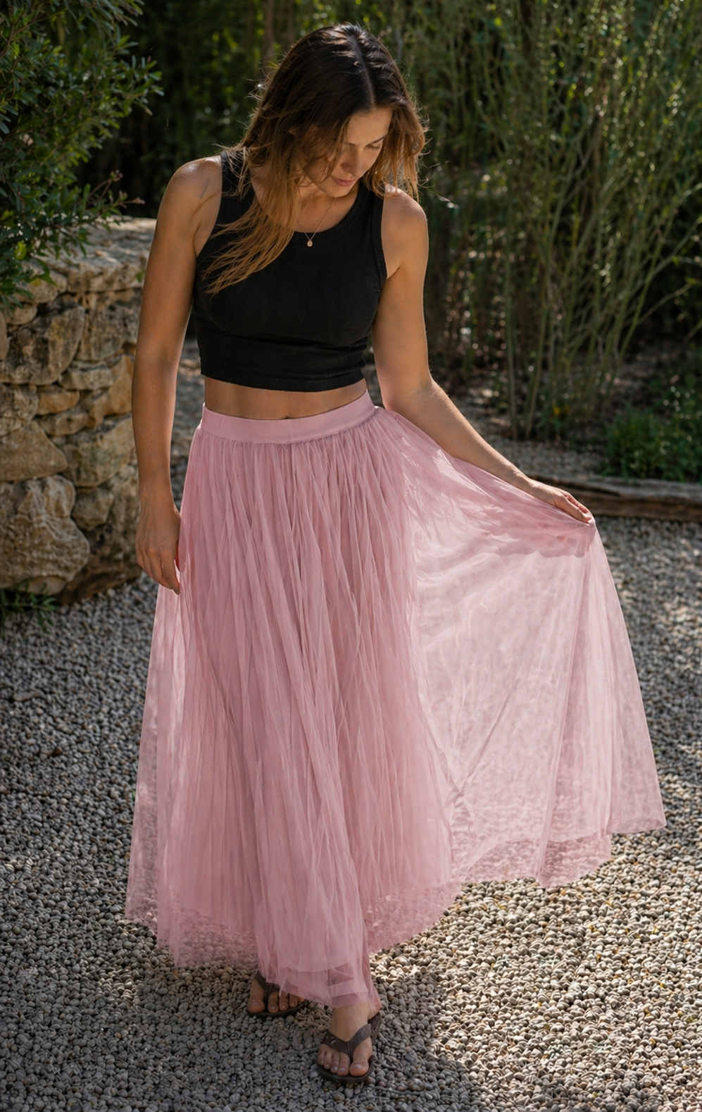 R&B Damen Tüll Maxirock Plissee Elastischer Bund Lang