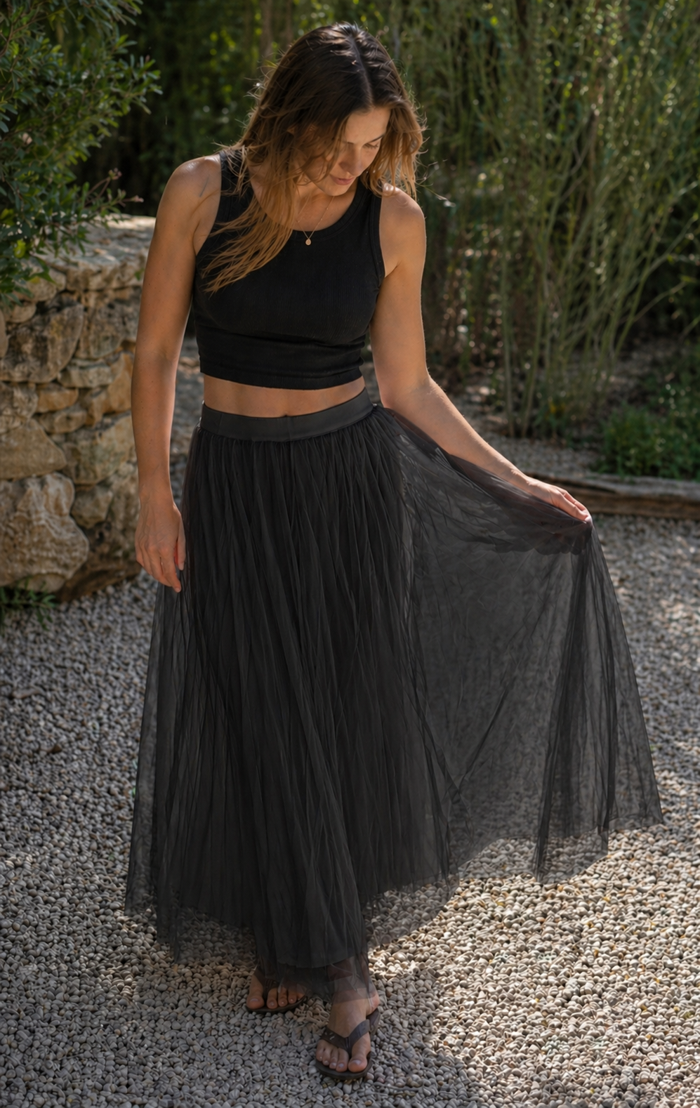 R&B Damen Tüll Maxirock Plissee Elastischer Bund Lang