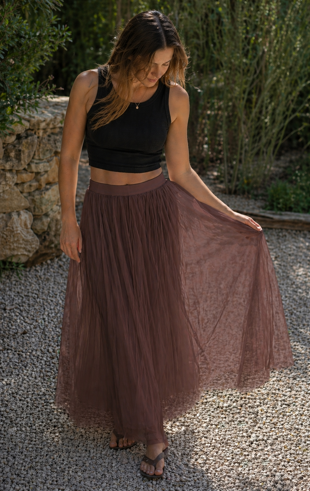R&B Damen Tüll Maxirock Plissee Elastischer Bund Lang
