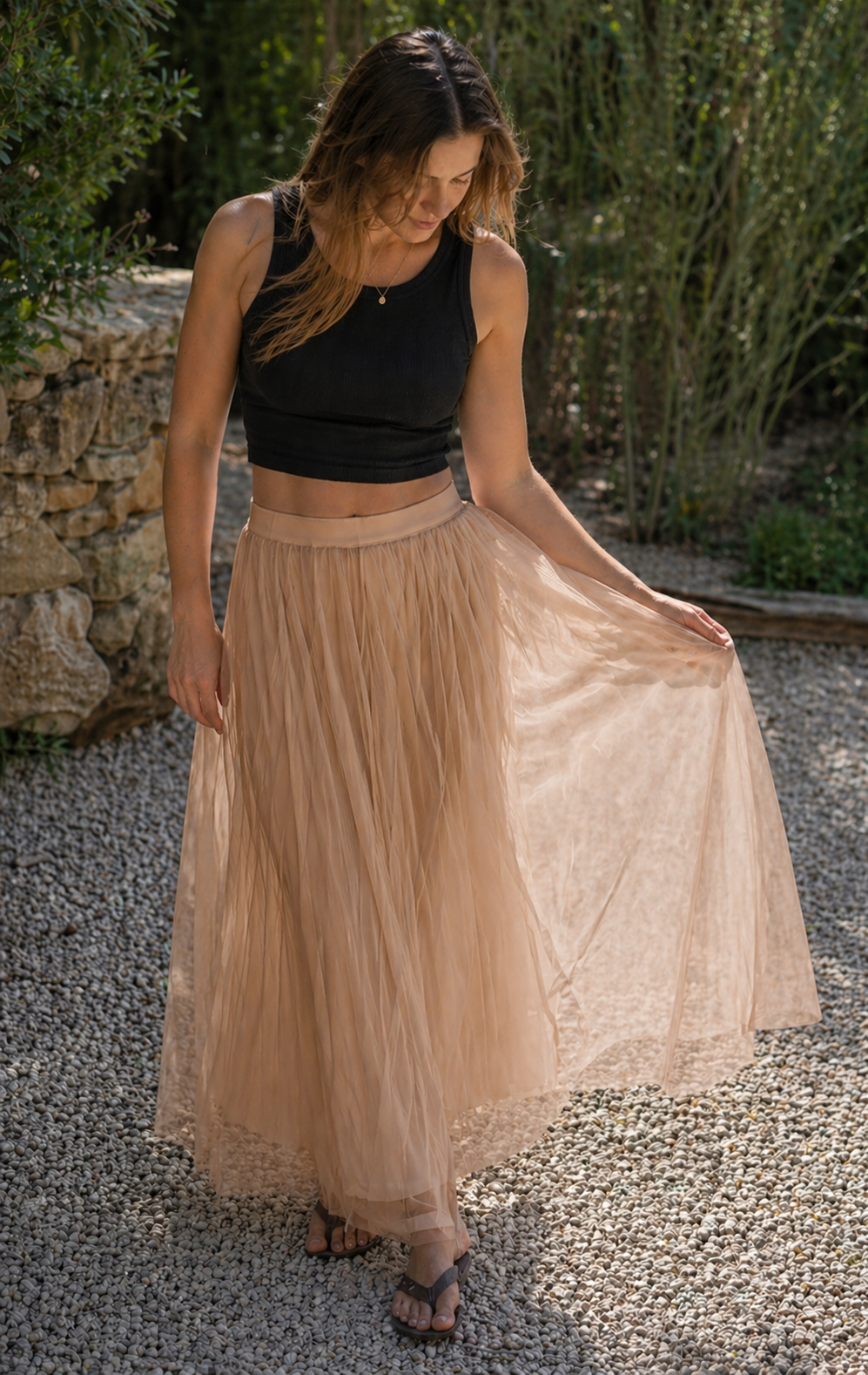 R&B Damen Tüll Maxirock Plissee Elastischer Bund Lang