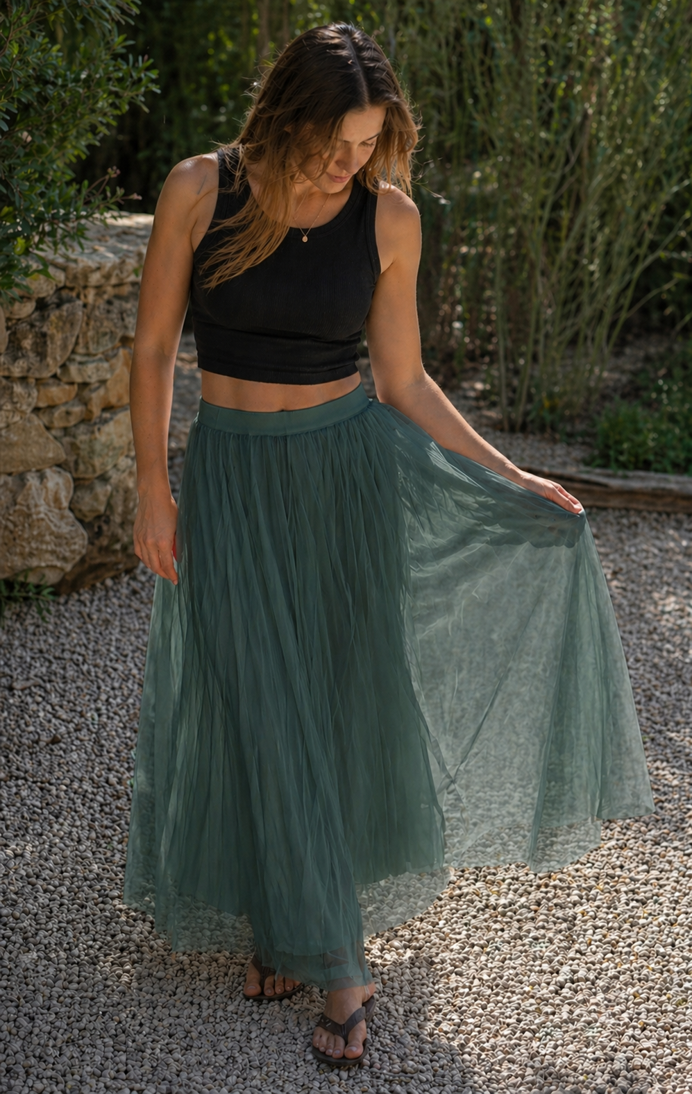 R&B Damen Tüll Maxirock Plissee Elastischer Bund Lang