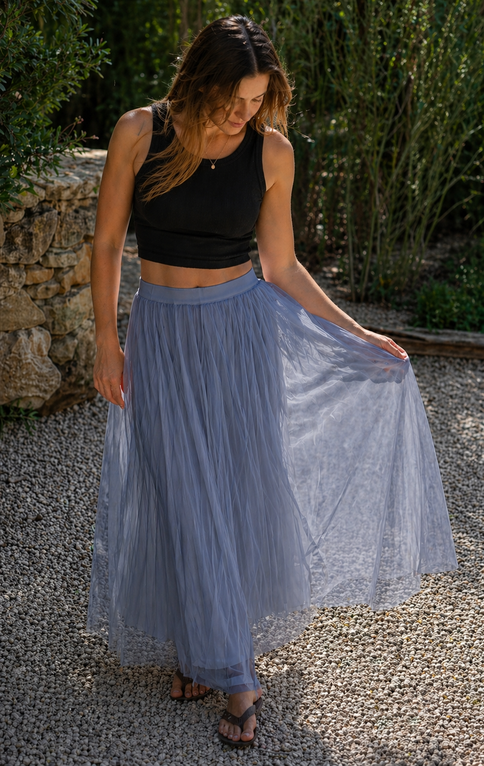 R&B Damen Tüll Maxirock Plissee Elastischer Bund Lang