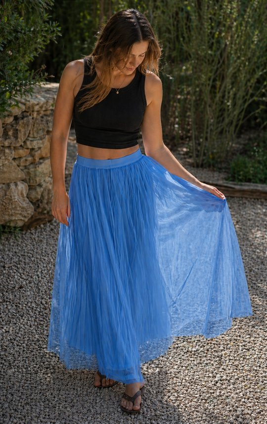 R&B Damen Tüll Maxirock Plissee Elastischer Bund Lang
