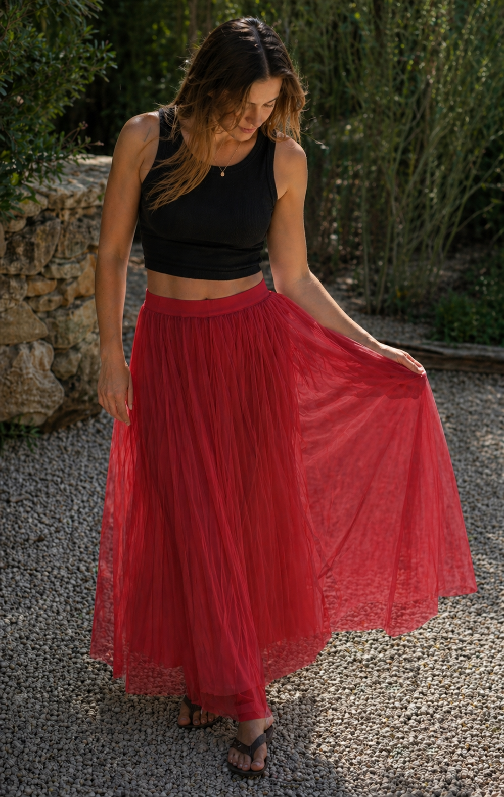R&B Damen Tüll Maxirock Plissee Elastischer Bund Lang