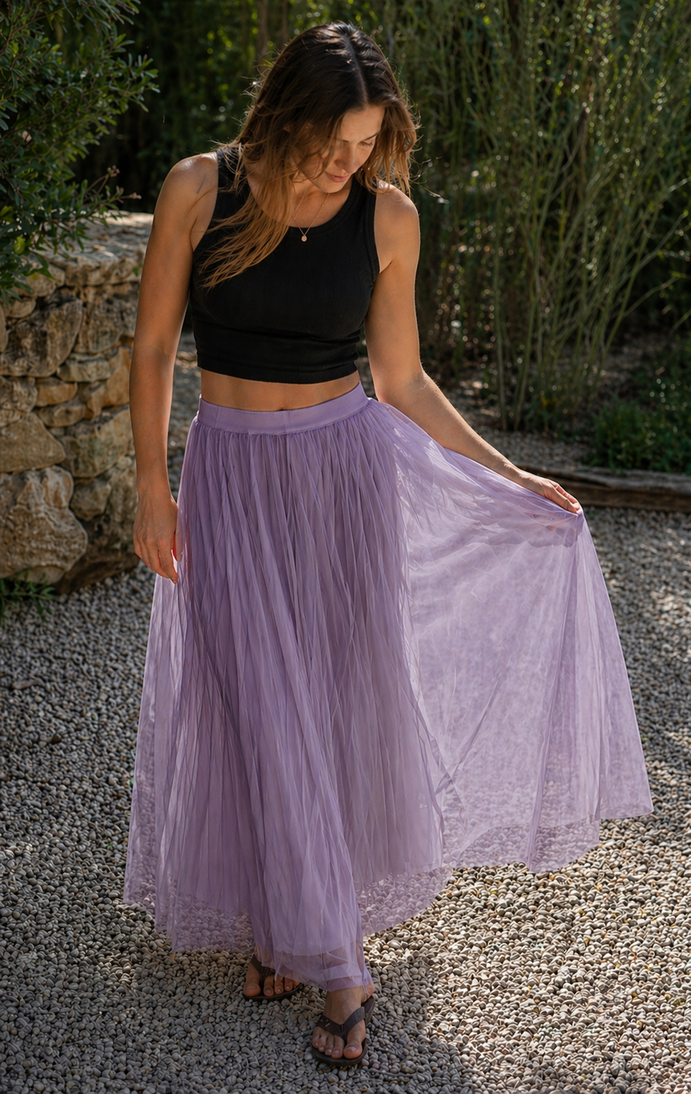 R&B Damen Tüll Maxirock Plissee Elastischer Bund Lang