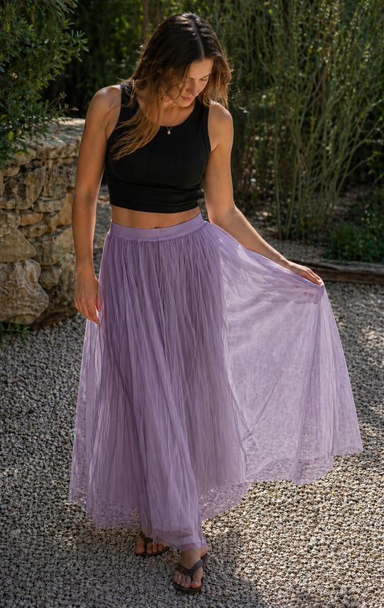 R&B Damen Tüll Maxirock Plissee Elastischer Bund Lang