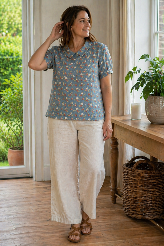 R&B Damen Bluse Kurzarm mit Blumendruck und Kragen Locker
