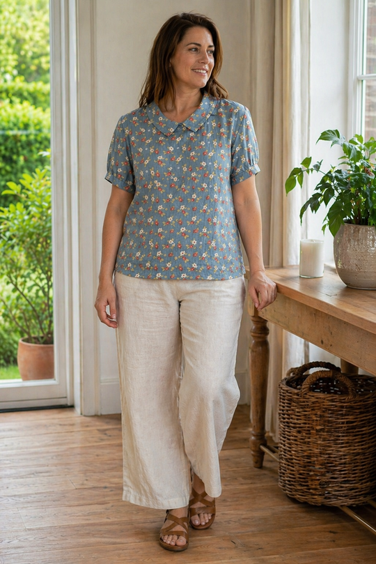 R&B Damen Bluse Kurzarm mit Blumendruck und Kragen Locker