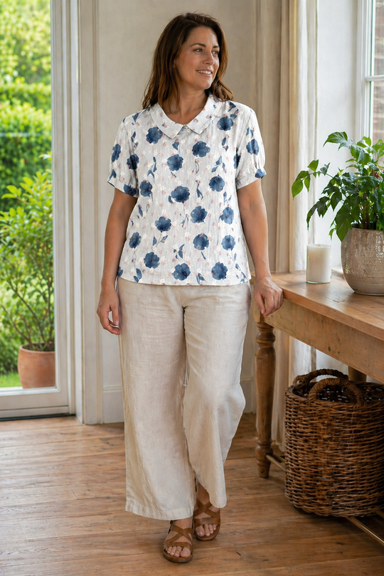 R&B Damen Bluse Kurzarm mit Blumendruck und Kragen Locker
