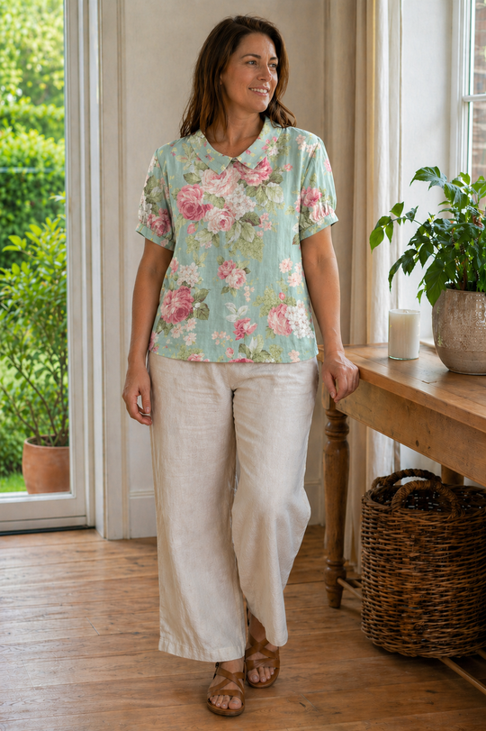 R&B Damen Bluse Kurzarm mit Blumendruck und Kragen Locker