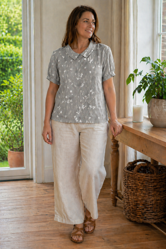 R&B Damen Bluse Kurzarm mit Blumendruck und Kragen Locker