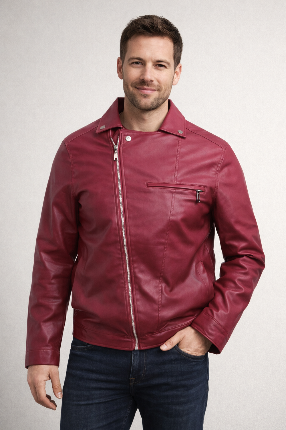 Herren Kunstleder Bikerjacke modern geschnitten