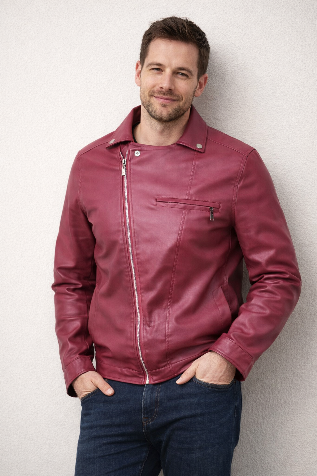 Herren Kunstleder Bikerjacke modern geschnitten