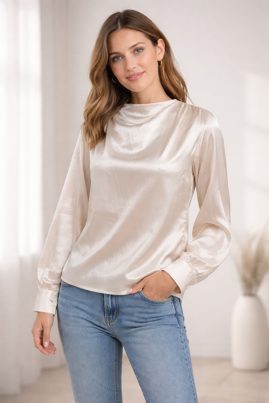 Damen Satinbluse mit Stehkragen und Puffärmeln – Elegante Langarm Bluse