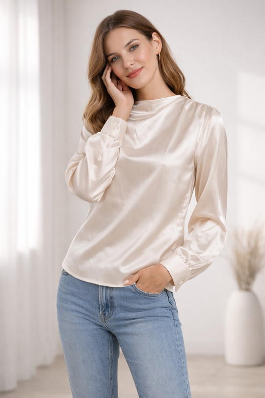 Damen Satinbluse mit Stehkragen und Puffärmeln – Elegante Langarm Bluse