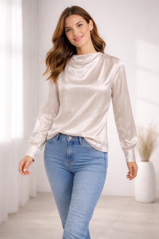 Damen Satinbluse mit Stehkragen und Puffärmeln – Elegante Langarm Bluse