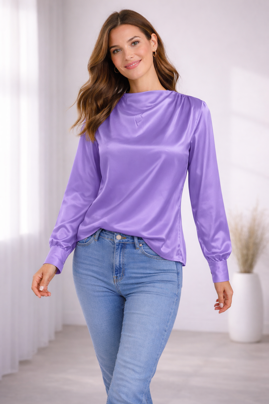Damen Satinbluse mit Stehkragen und Puffärmeln – Elegante Langarm Bluse