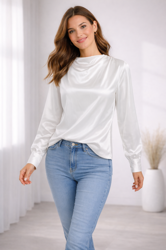 Damen Satinbluse mit Stehkragen und Puffärmeln – Elegante Langarm Bluse