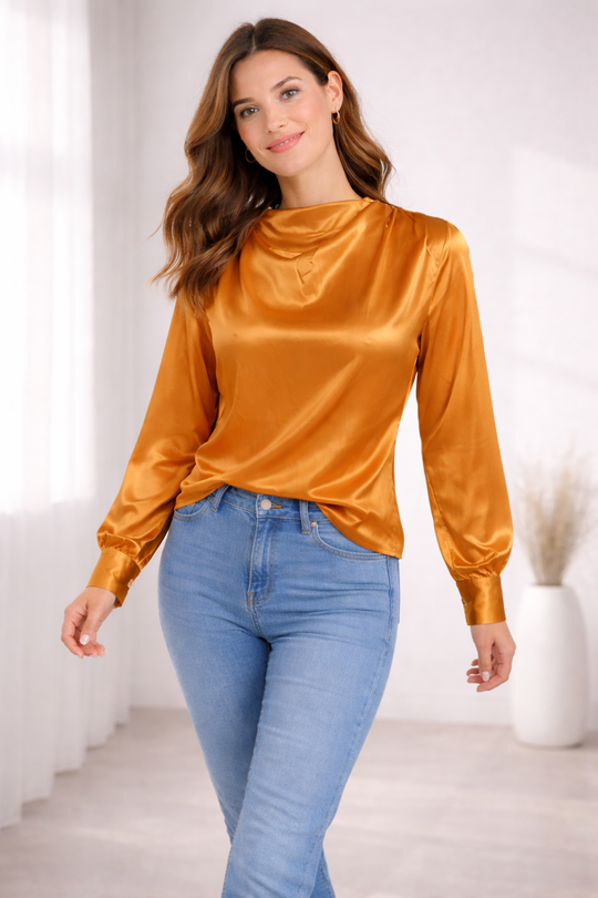 Damen Satinbluse mit Stehkragen und Puffärmeln – Elegante Langarm Bluse