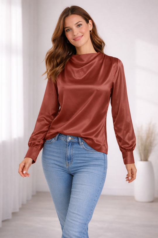 Damen Satinbluse mit Stehkragen und Puffärmeln – Elegante Langarm Bluse