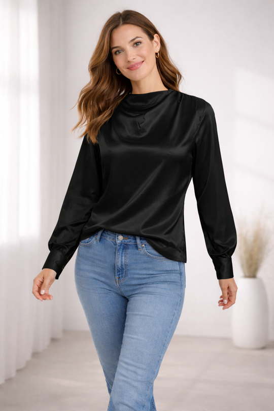Damen Satinbluse mit Stehkragen und Puffärmeln – Elegante Langarm Bluse