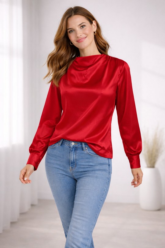 Damen Satinbluse mit Stehkragen und Puffärmeln – Elegante Langarm Bluse
