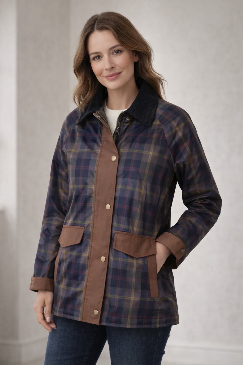 R&B | Karierte Damenjacke mit Druckknopfleiste und Kontrastdetails