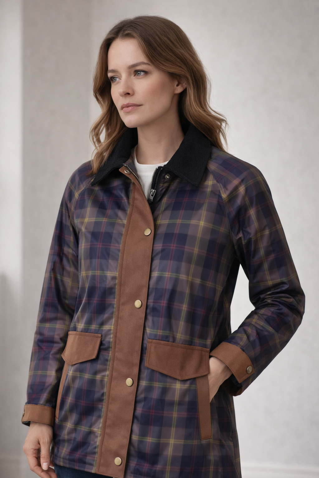 R&B | Karierte Damenjacke mit Druckknopfleiste und Kontrastdetails