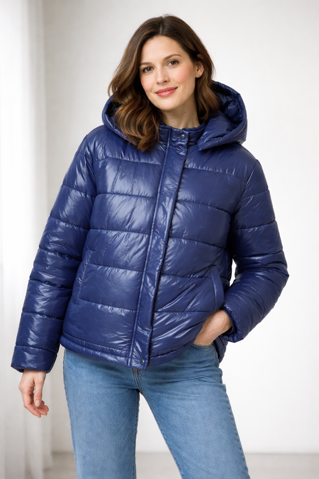 R&B | Damen Glänzende Pufferjacke mit Kapuze und Wattierung
