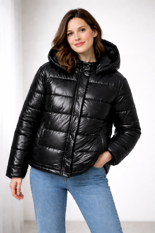 R&B | Damen Glänzende Pufferjacke mit Kapuze und Wattierung