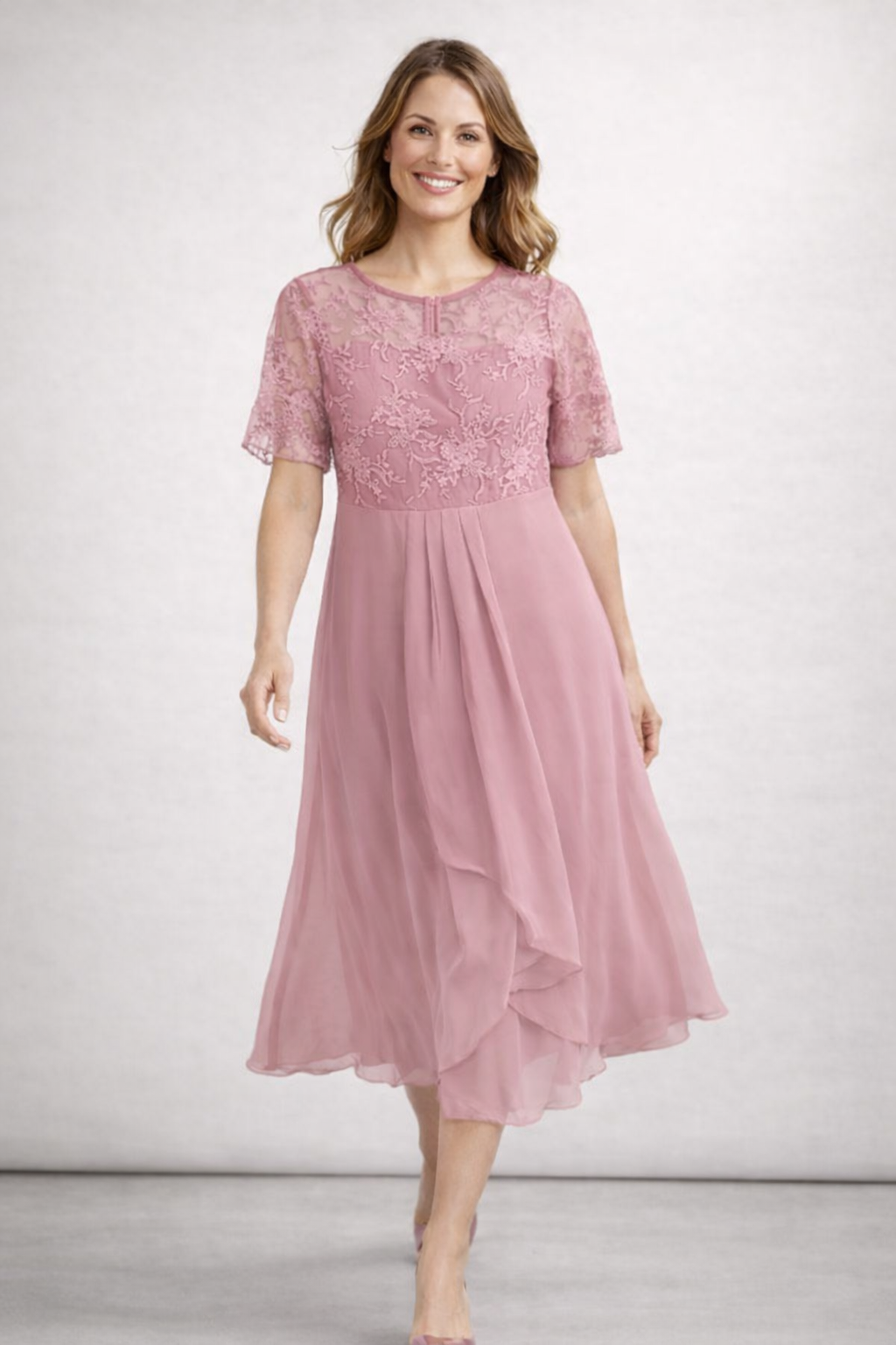 Damen Midikleid mit Spitze und Chiffon Kurzarm