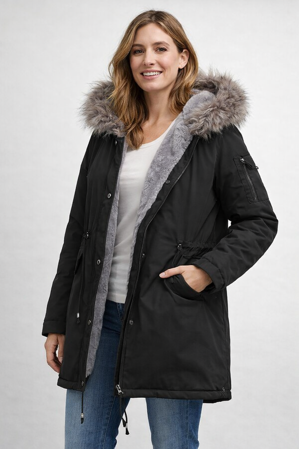 R&B | Damen Parka Fellkapuze Fleecefutter