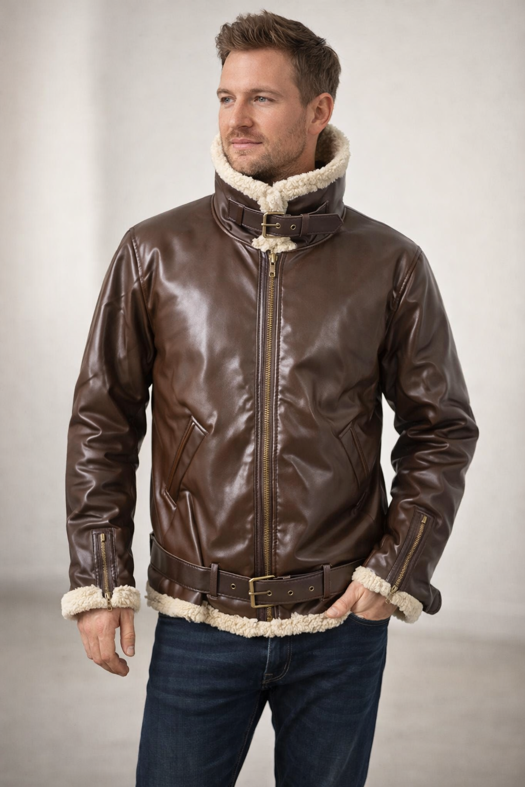 R&B | Luxus Lammfell-Pilotjacke mit Vintage-Kante