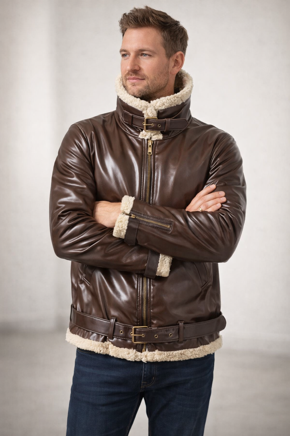 R&B | Luxus Lammfell-Pilotjacke mit Vintage-Kante