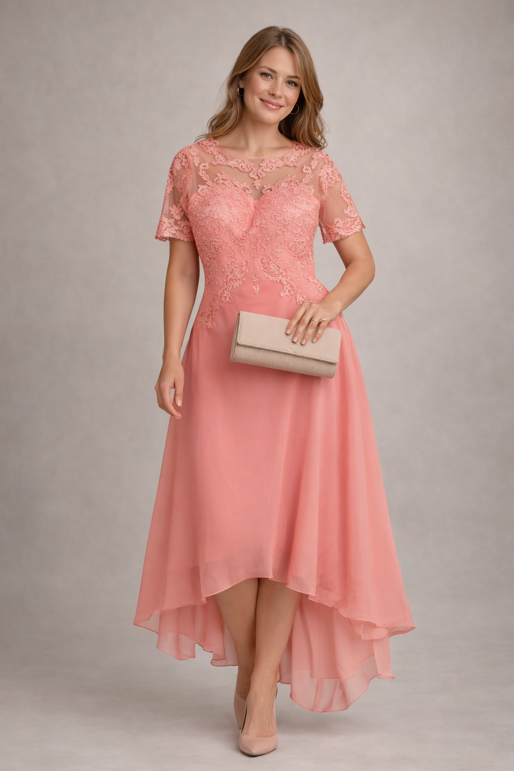 R&B Damen Abendkleid mit Spitze und kurzen Ärmeln