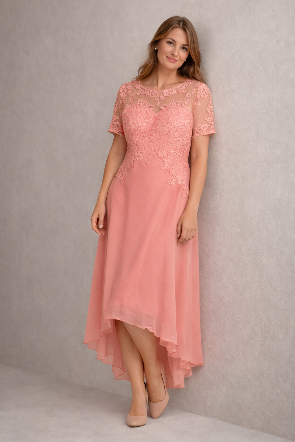 R&B Damen Abendkleid mit Spitze und kurzen Ärmeln