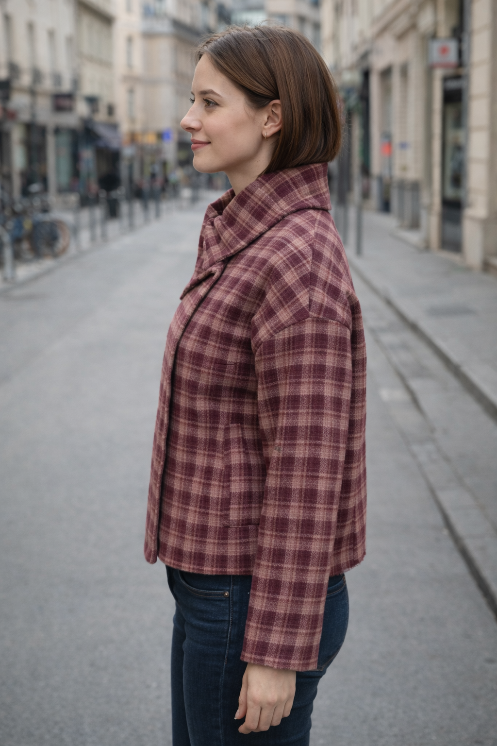 Karierte Oversized Jacke Damen mit hohem Kragen