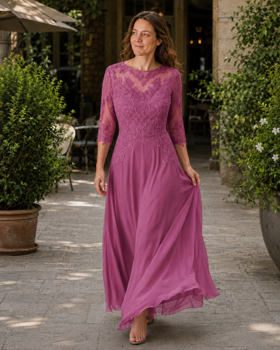R&B Damen Abendkleid mit Spitzenoberteil und fließendem Rock