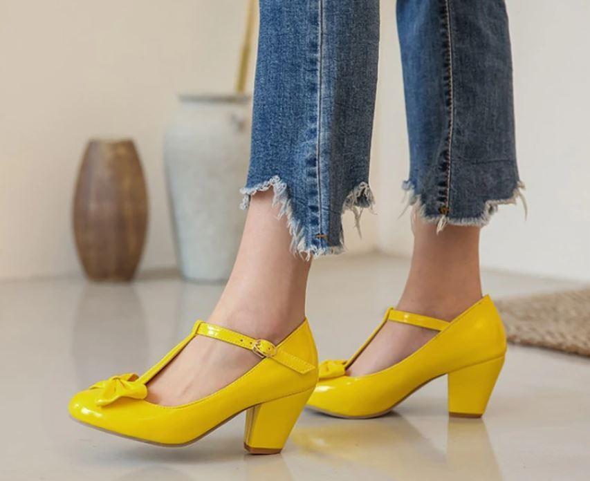 Heidi-Mode | Vintage Schuhe Damen Gelb Schleife