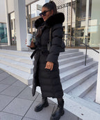R&B | Damen Lange Gewattete Winterparka mit Kapuze und Gürtel