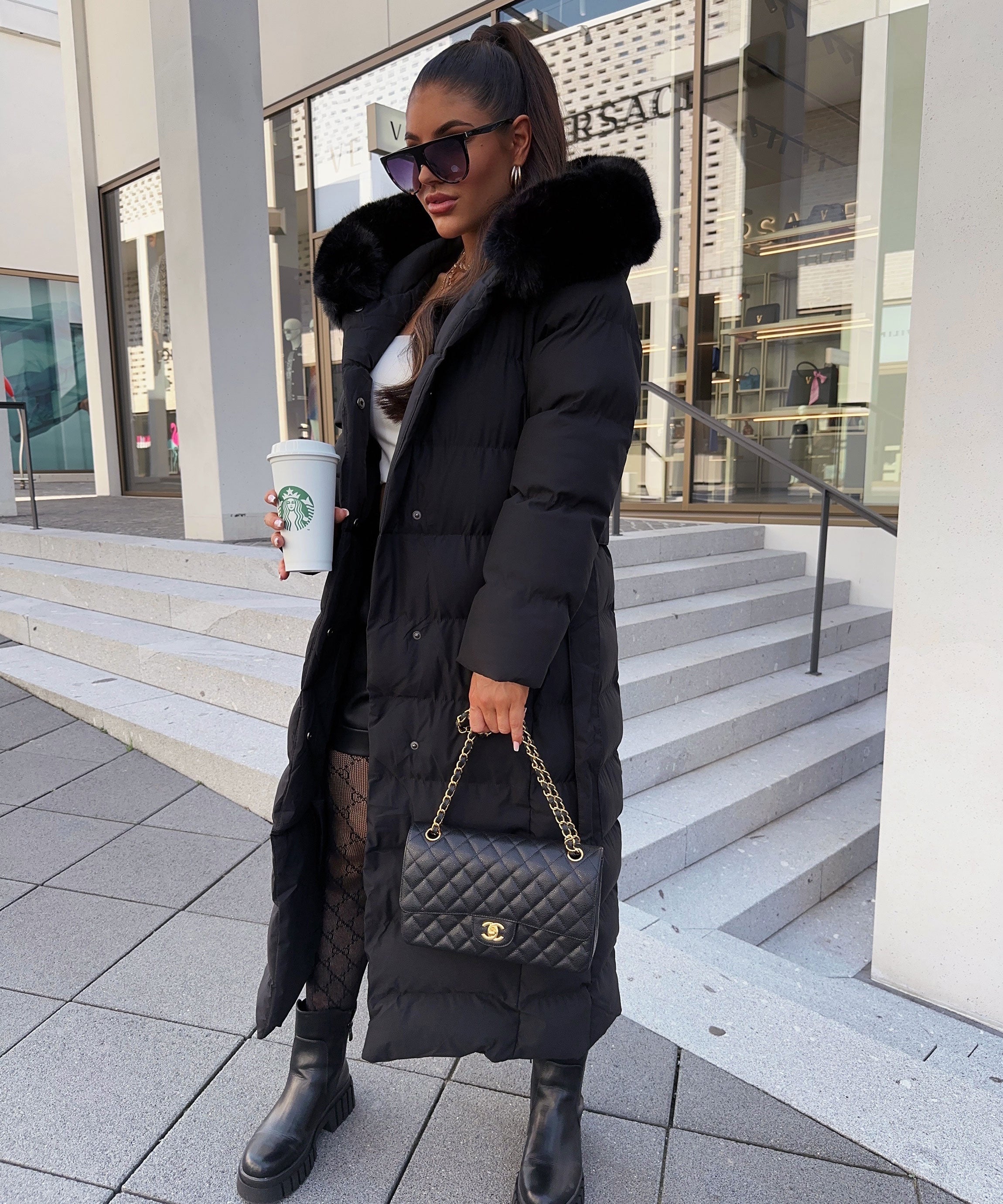 R&B | Damen Lange Gewattete Winterparka mit Kapuze und Gürtel